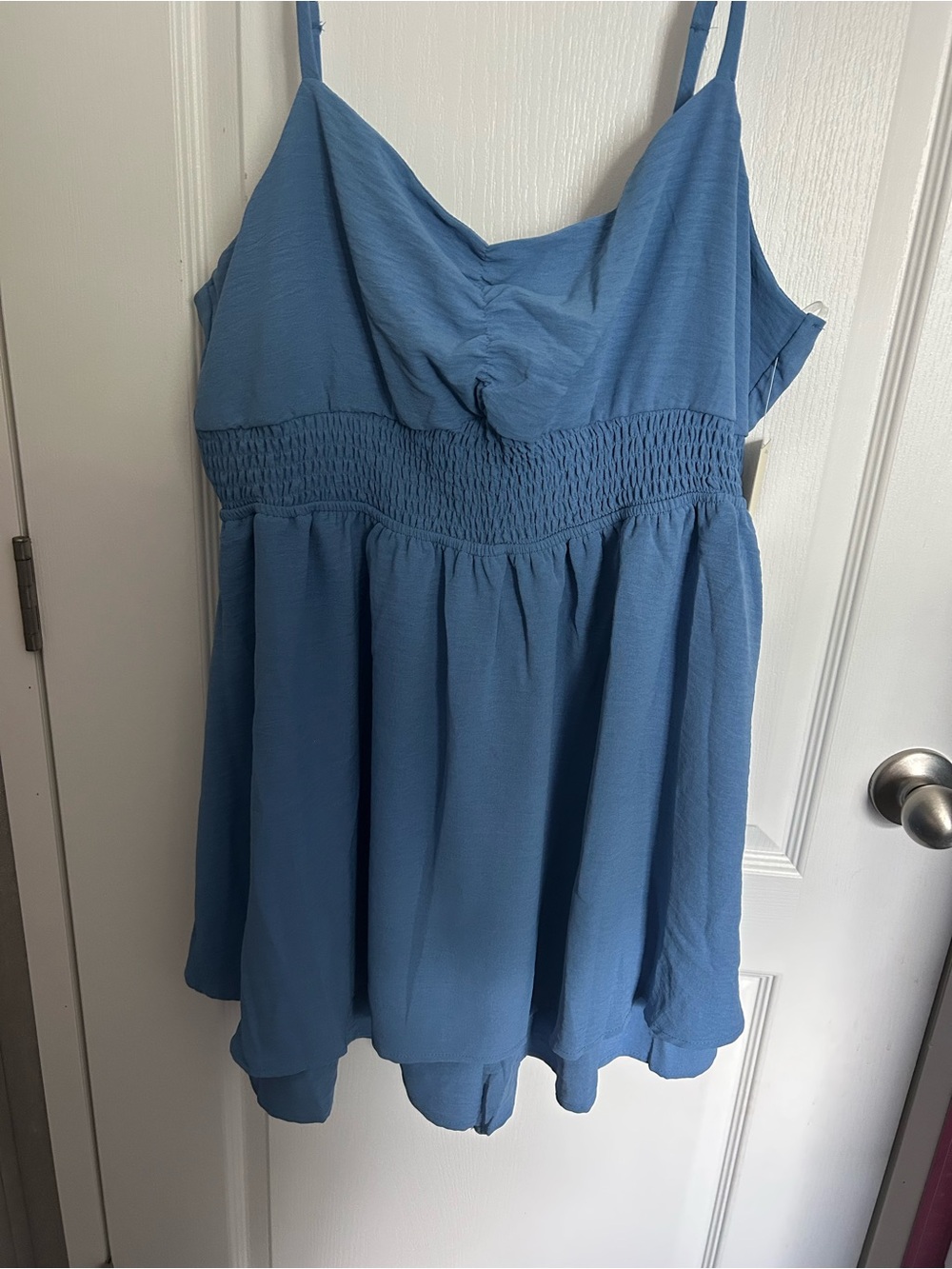 Soft blue mini dresses with hidden built-in shorts (dress rompers/skorts)